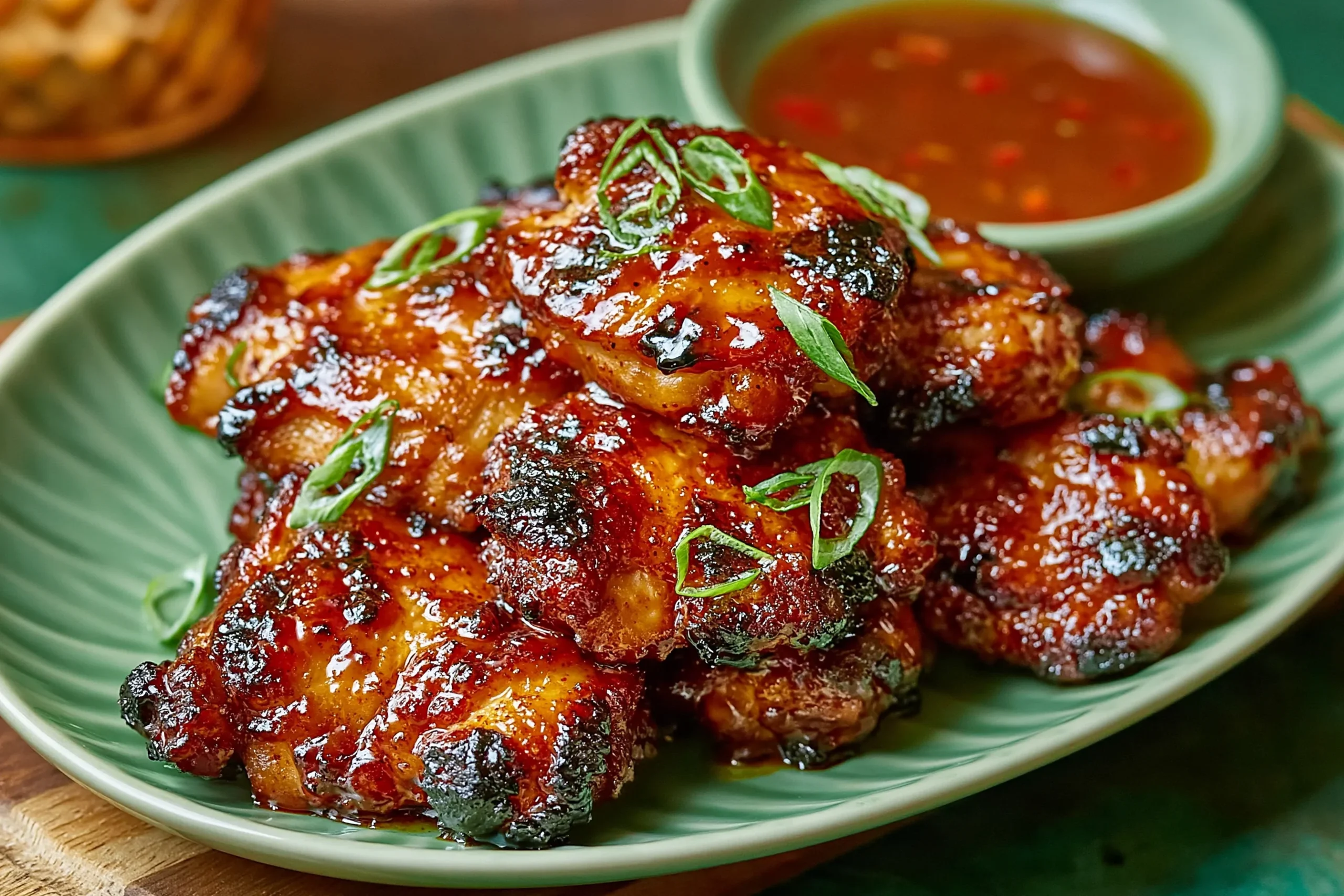 Easy Filipino Chicken Barbecue with glossy grilled chicken, charred edges, green onion garnish, and a sweet dipping sauce.
