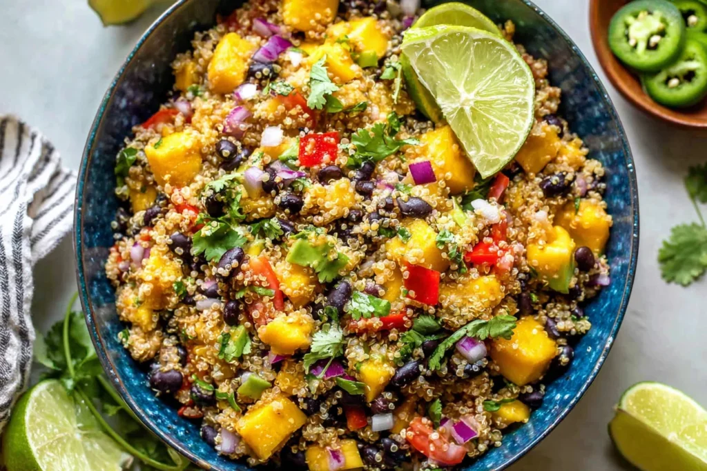 Close-up bowl of Fiesta Mango Quinoa Salad with mango chunks, black beans, red pepper, cilantro, and a lime wedge on top.