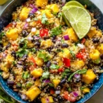 Close-up bowl of Fiesta Mango Quinoa Salad with mango chunks, black beans, red pepper, cilantro, and a lime wedge on top.