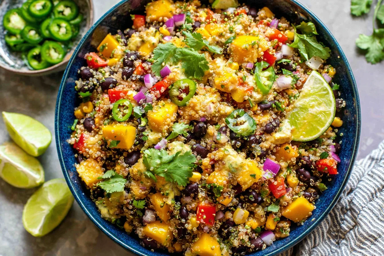 Overhead bowl of Fiesta Mango Quinoa Salad with black beans, corn, red pepper, cilantro, jalapeño, and lime wedges.