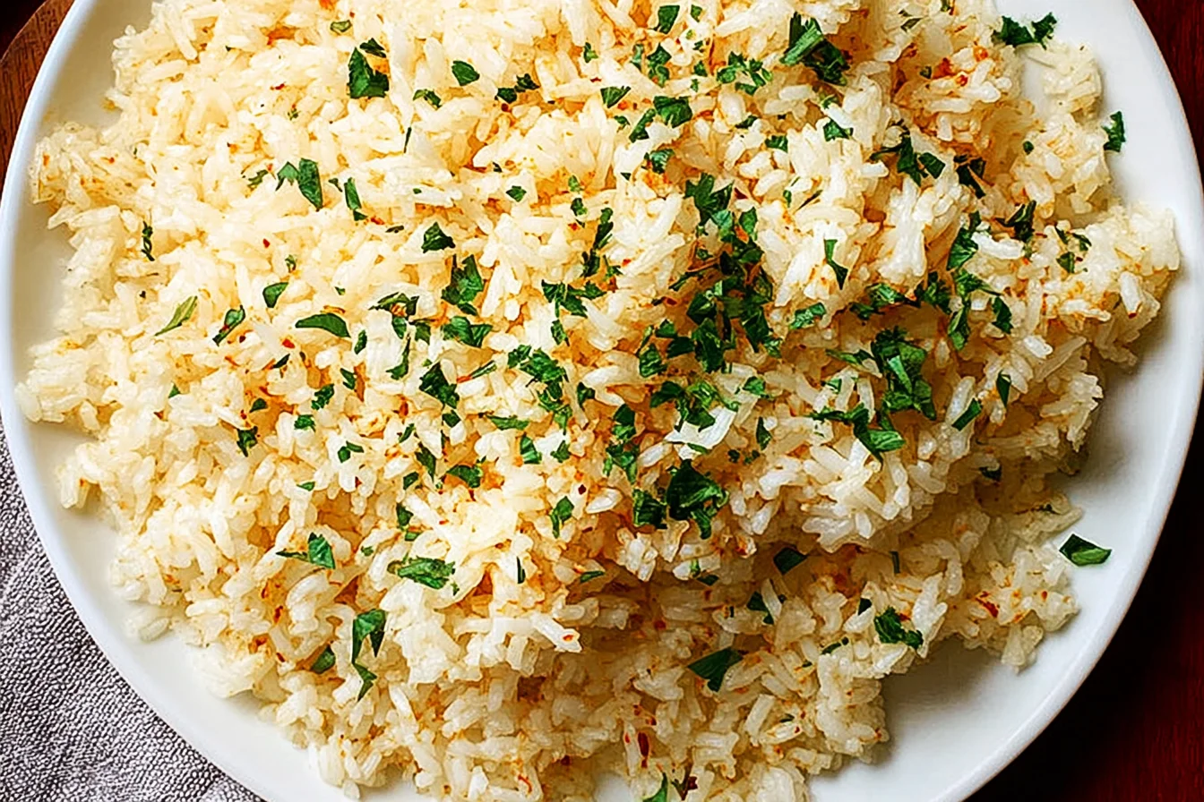 Close-up of fluffy Mediterranean Butter Rice garnished with chopped parsley and a light sprinkle of paprika in a white bowl.