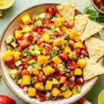 Avocado Strawberry Mango Salsa in a bowl with tortilla chips, made with diced mango, strawberries, avocado, cilantro, and lime.
