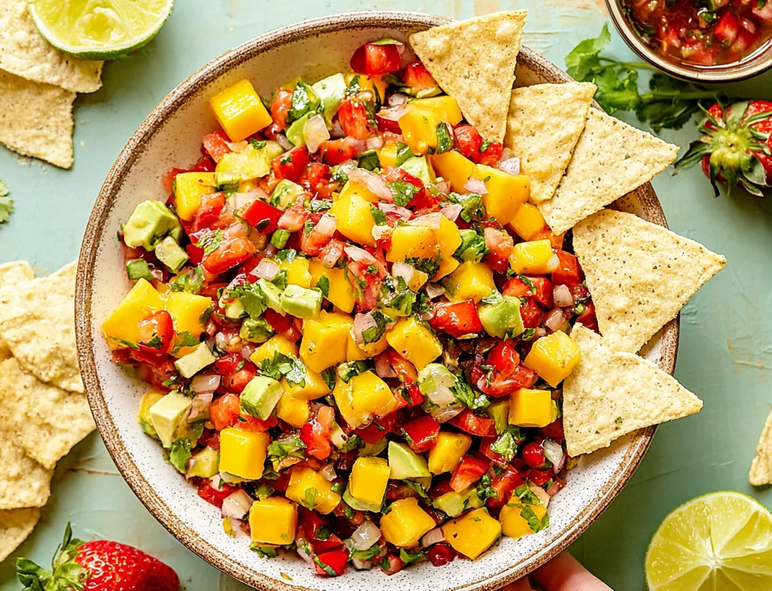 Avocado Strawberry Mango Salsa in a bowl with tortilla chips, made with diced mango, strawberries, avocado, cilantro, and lime.