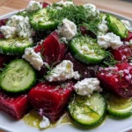 Beet Salad with Feta Cucumbers and Dill served with roasted beets, crisp cucumber slices, crumbled feta, fresh dill, and olive oil dressing