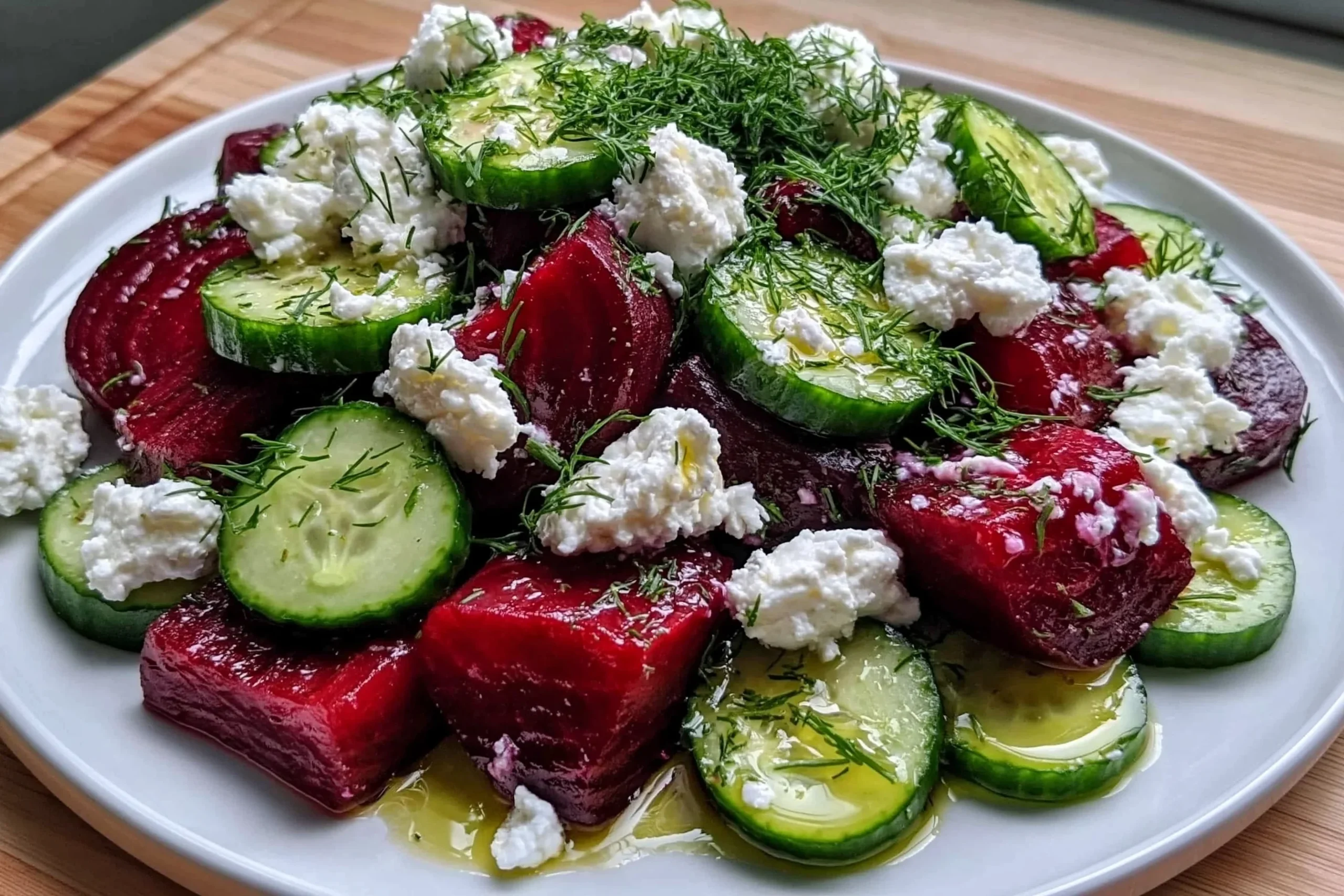 Beet Salad with Feta Cucumbers and Dill served with roasted beets, crisp cucumber slices, crumbled feta, fresh dill, and olive oil dressing