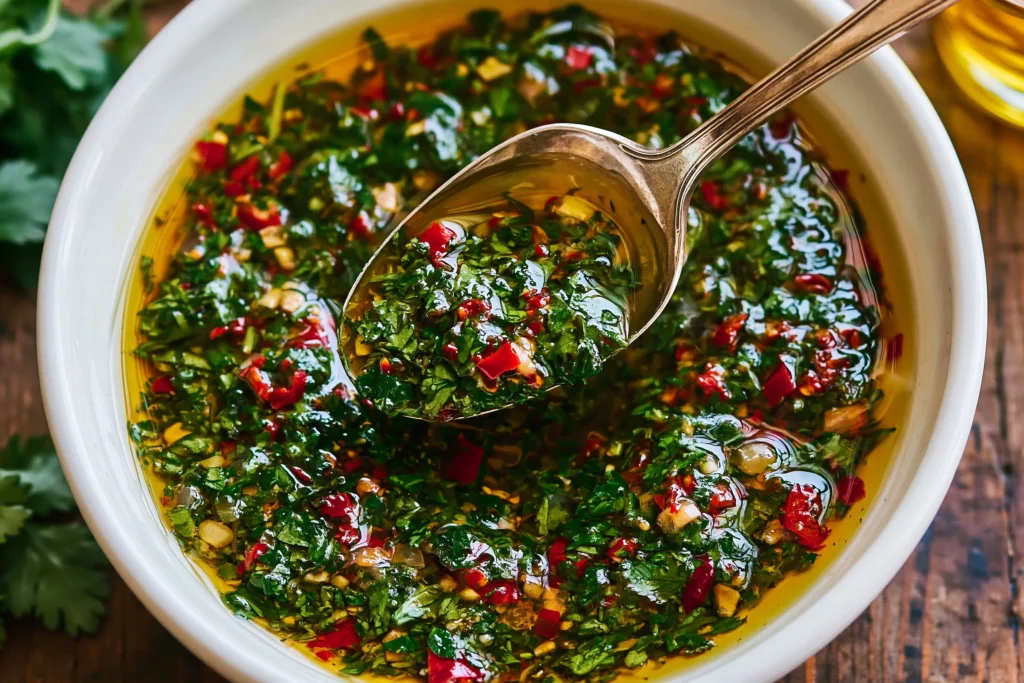 Pan Seared Chimichurri Shrimp sauce with fresh parsley, garlic, red pepper, olive oil, and vinegar in a white bowl