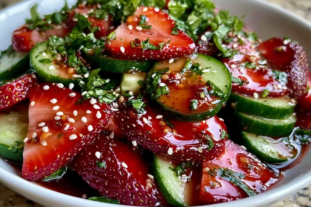 Cucumber Strawberry Salad with sliced strawberries, crisp cucumbers, fresh herbs, sesame seeds, and glossy balsamic dressing in a white bowl