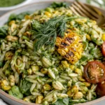 Grilled Corn Orzo Salad with Scallion Dill Dressing served in a bowl with charred corn, orzo, edamame, fresh dill, and tomatoes.