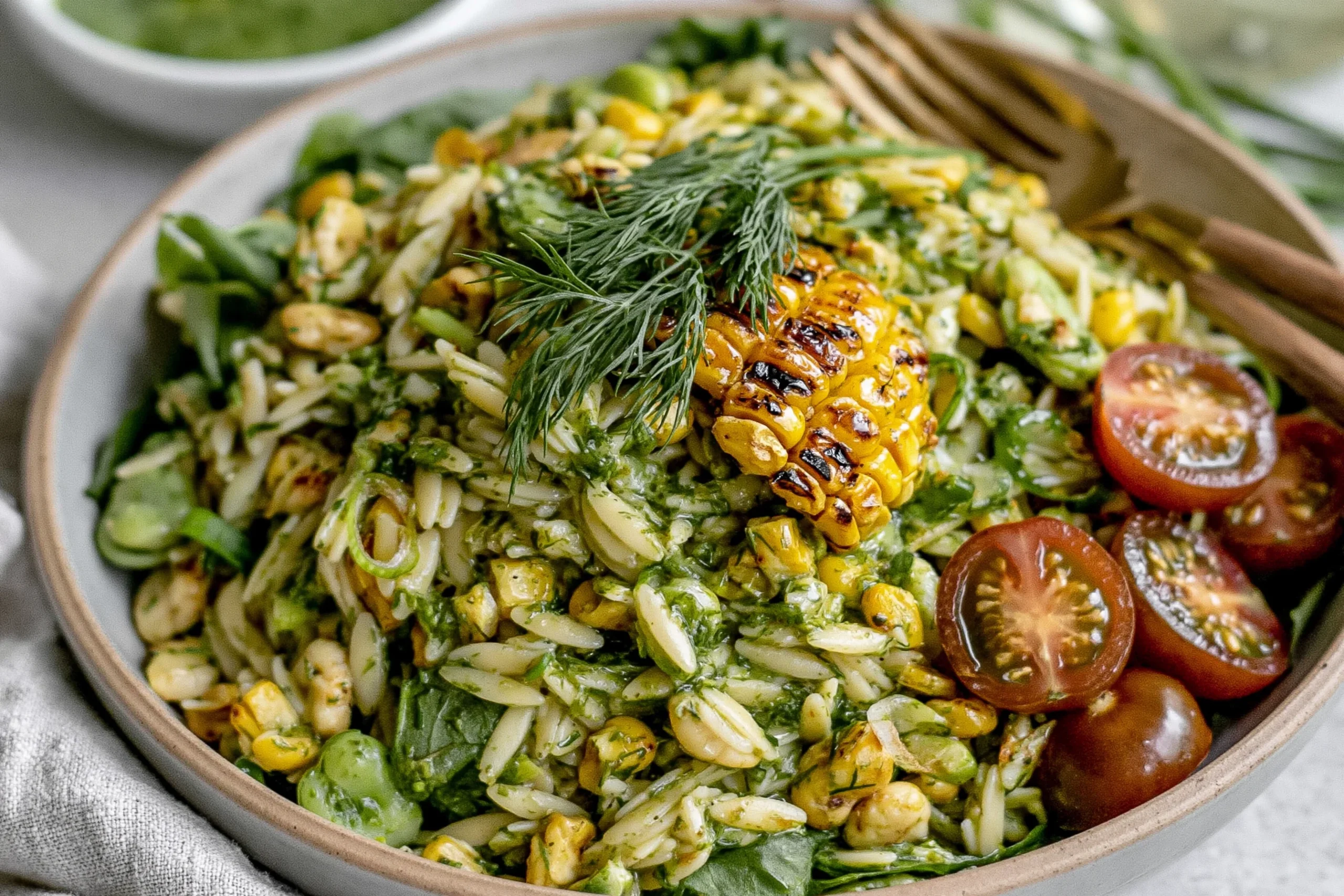 Grilled Corn Orzo Salad with Scallion Dill Dressing served in a bowl with charred corn, orzo, edamame, fresh dill, and tomatoes.