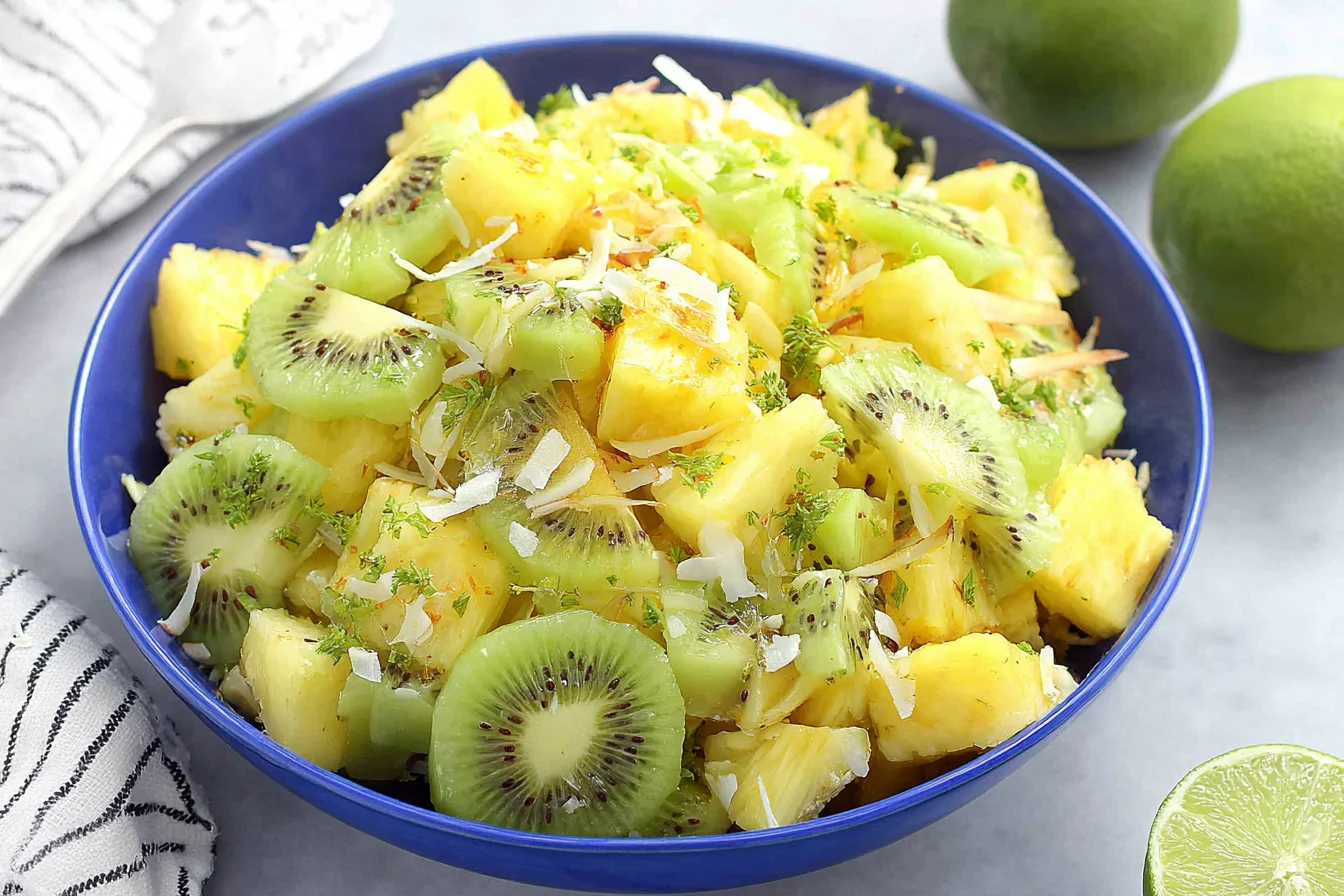 Pineapple Kiwi Salad in a blue bowl with honey-lime dressing, fresh mint, and toasted coconut.