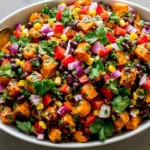 Roasted Sweet Potato Black Bean Salad with corn, red bell pepper, red onion, and fresh cilantro in a white serving bowl.