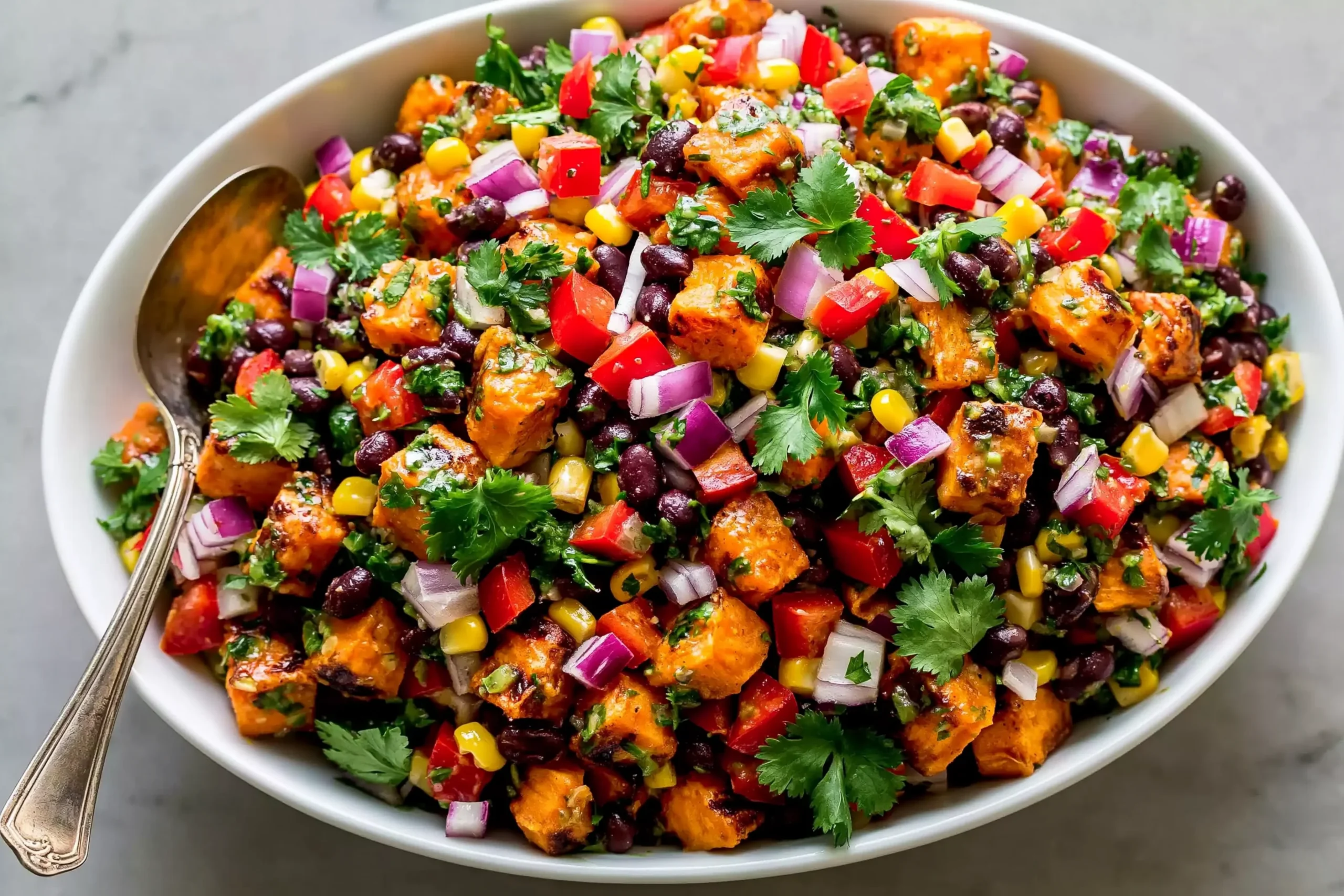 Roasted Sweet Potato Black Bean Salad with corn, red bell pepper, red onion, and fresh cilantro in a white serving bowl.