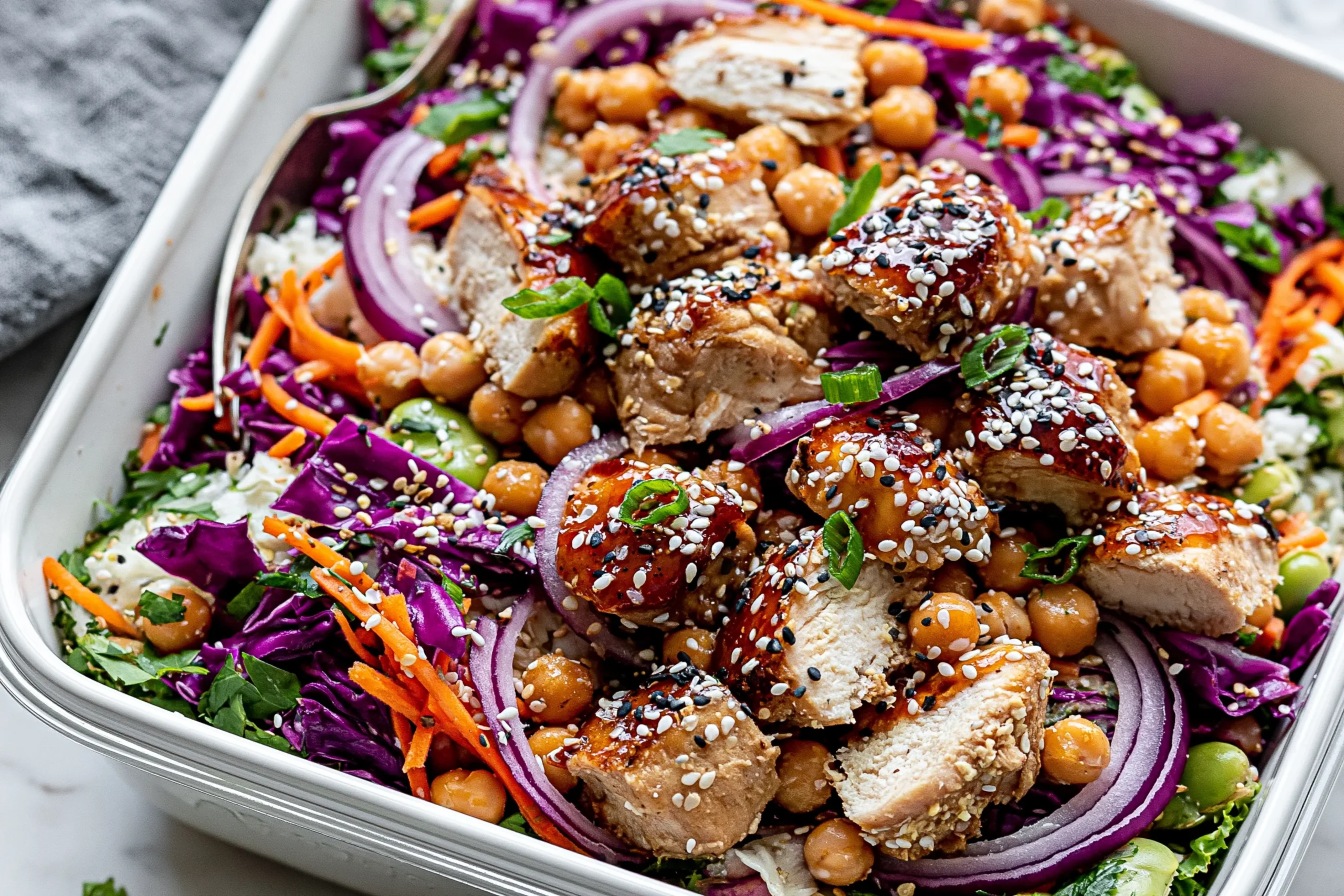 Sesame Chicken and Chickpea Salad with juicy chicken, chickpeas, red cabbage, carrots, green onions, and sesame seeds in a serving dish
