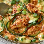 Thai Cucumber Salad with Chicken served on a spoon with sliced cucumbers, shredded chicken, green onions, chili crisp, and creamy peanut dressing.