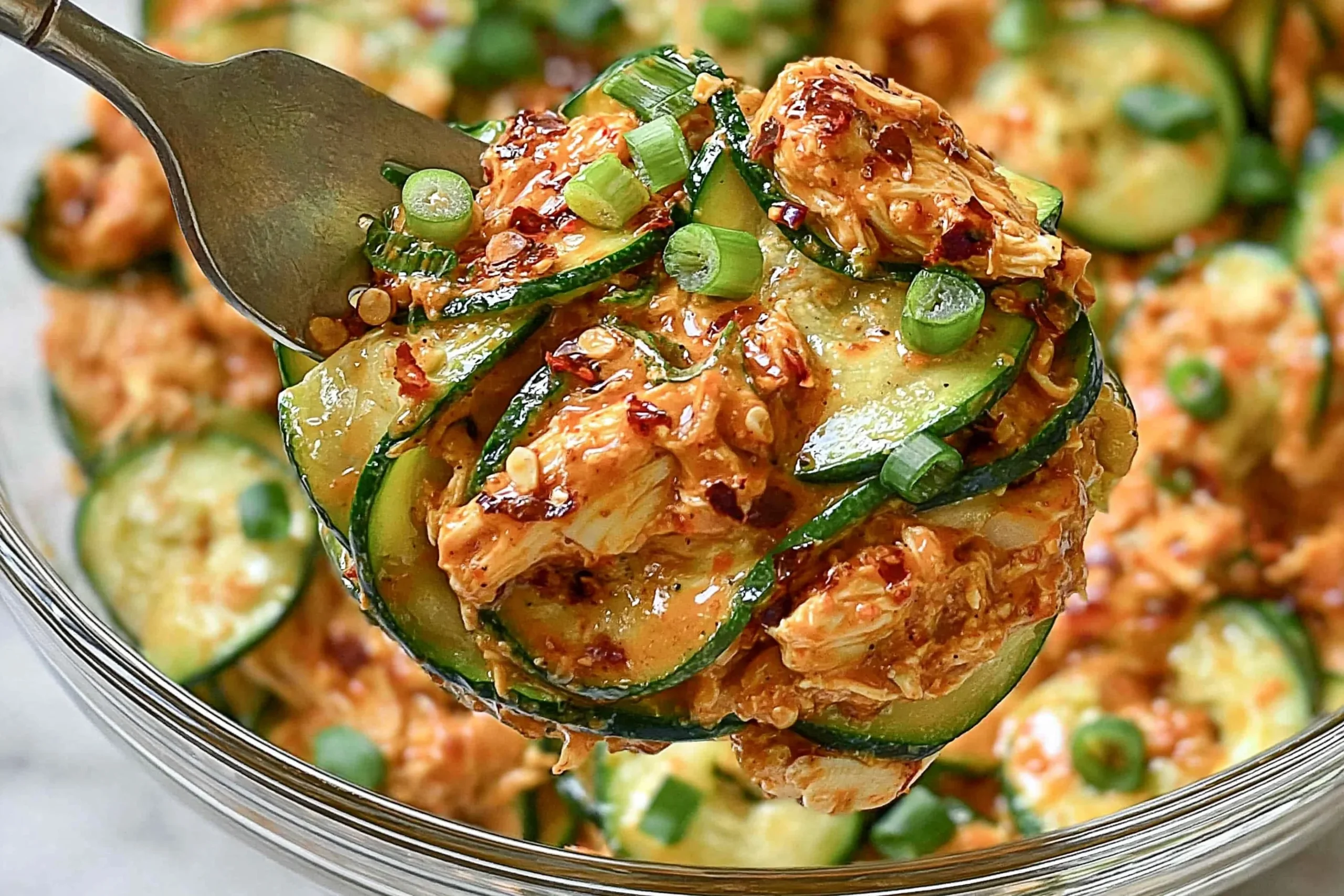 Thai Cucumber Salad with Chicken served on a spoon with sliced cucumbers, shredded chicken, green onions, chili crisp, and creamy peanut dressing.