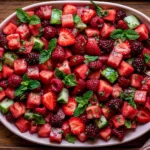 Watermelon Fruit Salad with strawberries, raspberries, blackberries, cucumber, and fresh mint in a serving platter