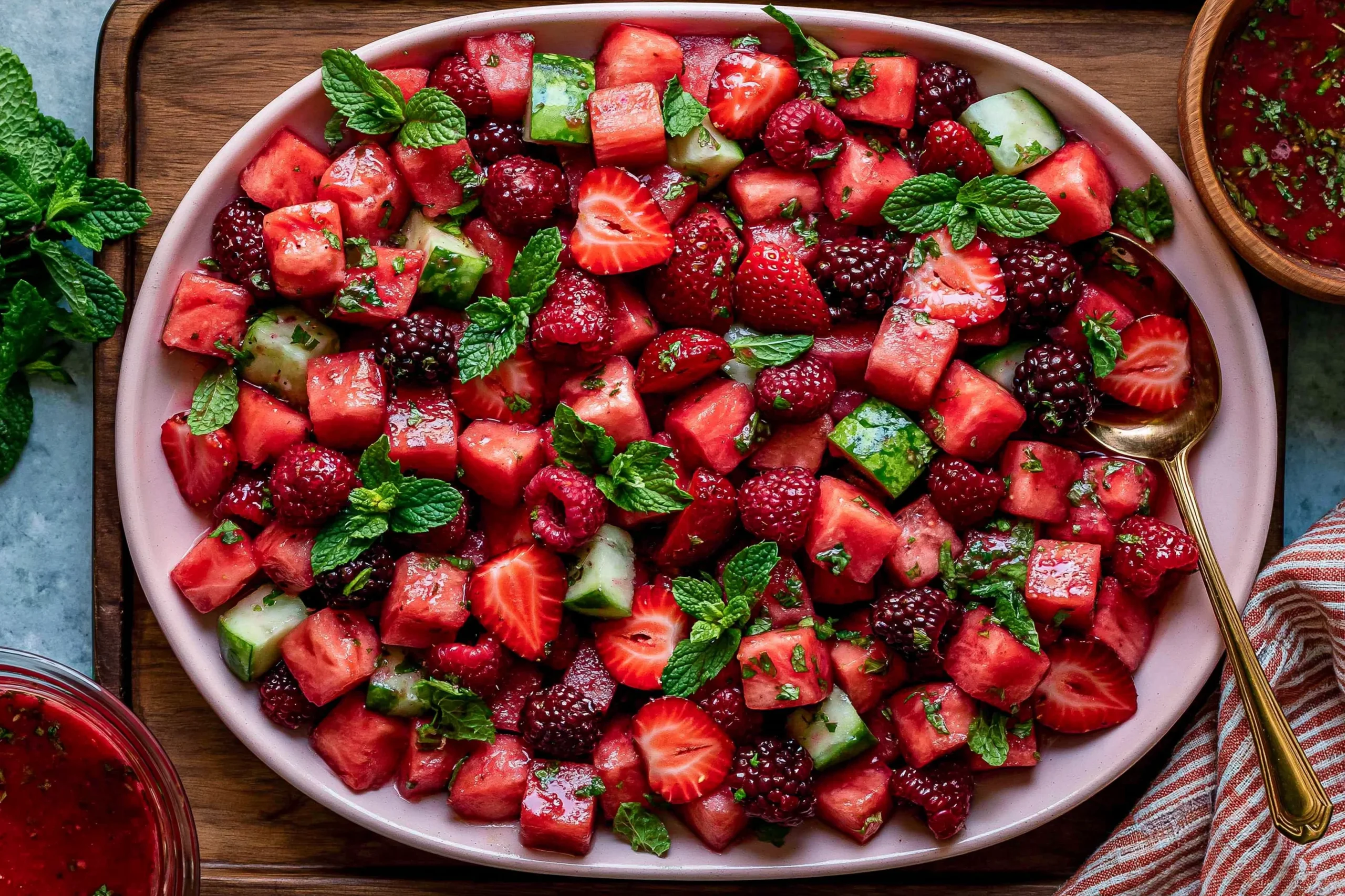 Watermelon Fruit Salad with strawberries, raspberries, blackberries, cucumber, and fresh mint in a serving platter