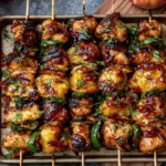 Jalapeno Peach Chicken Skewers with glazed chicken, charred peaches, jalapeno slices, cilantro, lime, and peach sauce on a sheet pan