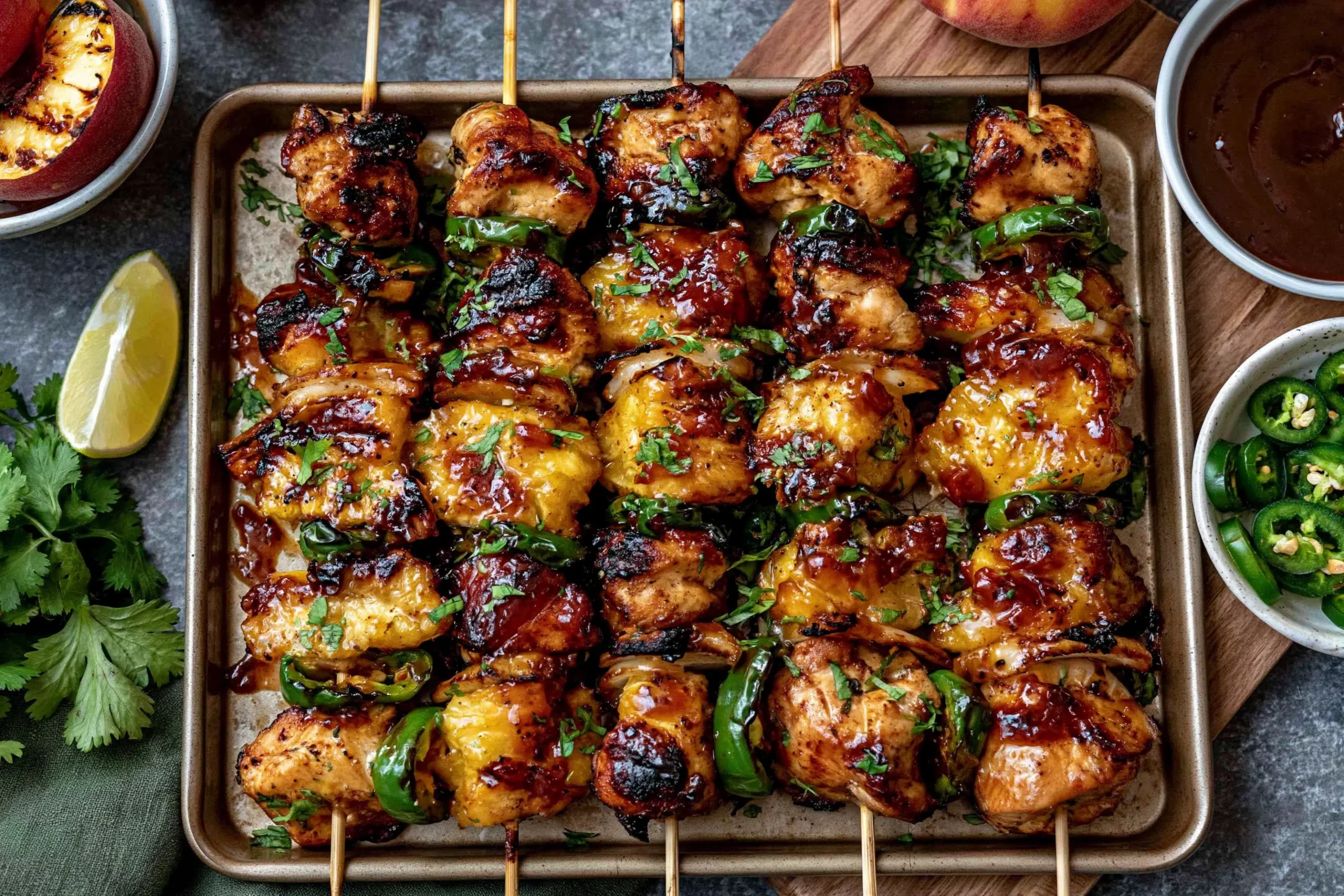 Jalapeno Peach Chicken Skewers with glazed chicken, charred peaches, jalapeno slices, cilantro, lime, and peach sauce on a sheet pan