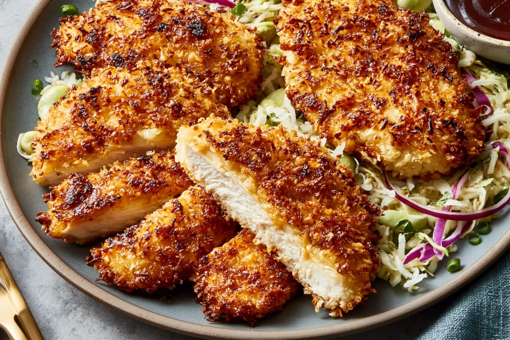 Crunchy Coconut Chicken sliced on a platter with golden coconut crust, creamy dipping sauce, and fresh cabbage slaw