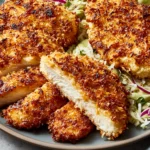 Crunchy Coconut Chicken sliced on a platter with golden coconut crust, creamy dipping sauce, and fresh cabbage slaw