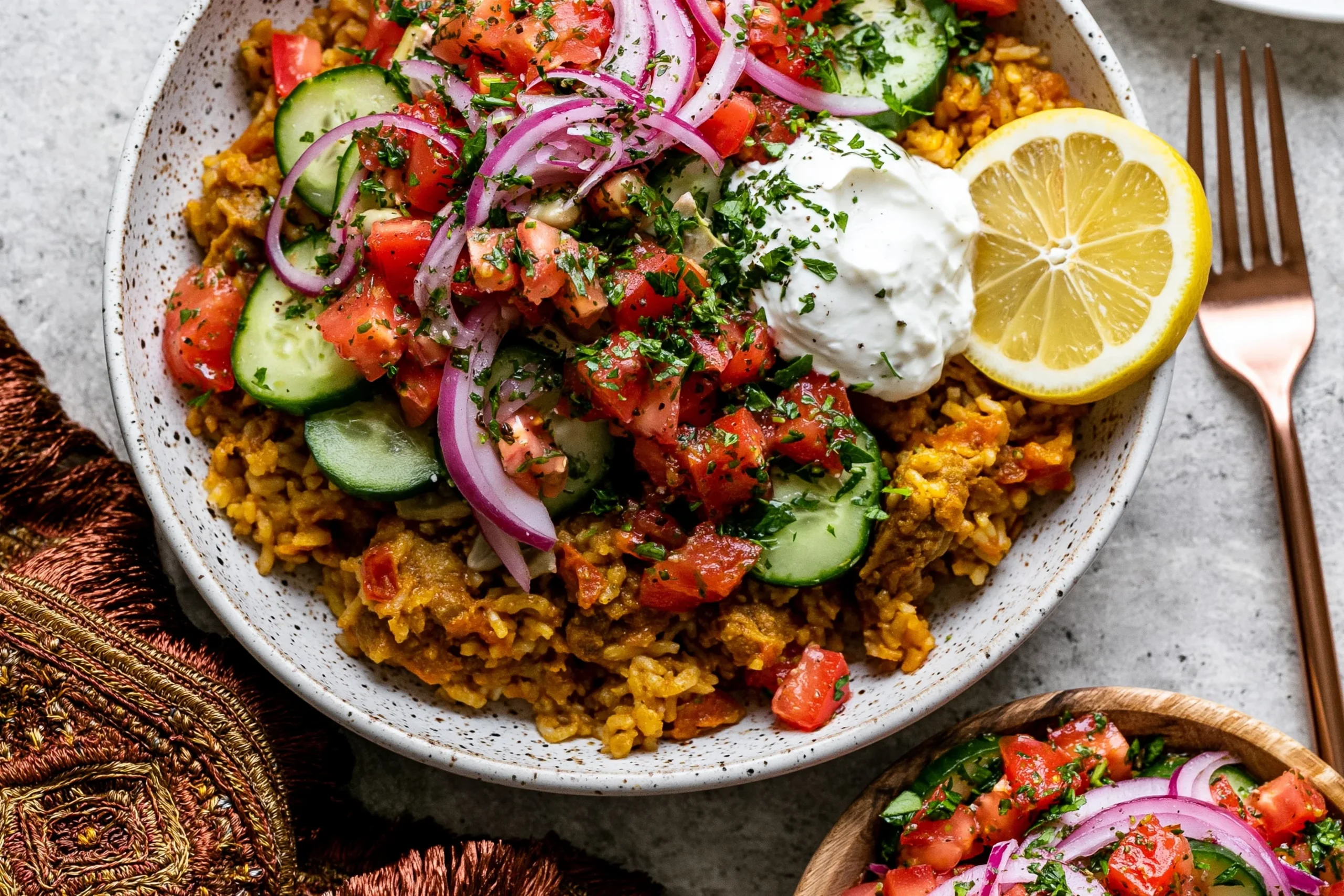 Golden Ground Turkey and Rice Skillet topped with cucumber tomato salad, red onion, lemony yogurt, fresh herbs, and lemon slice.