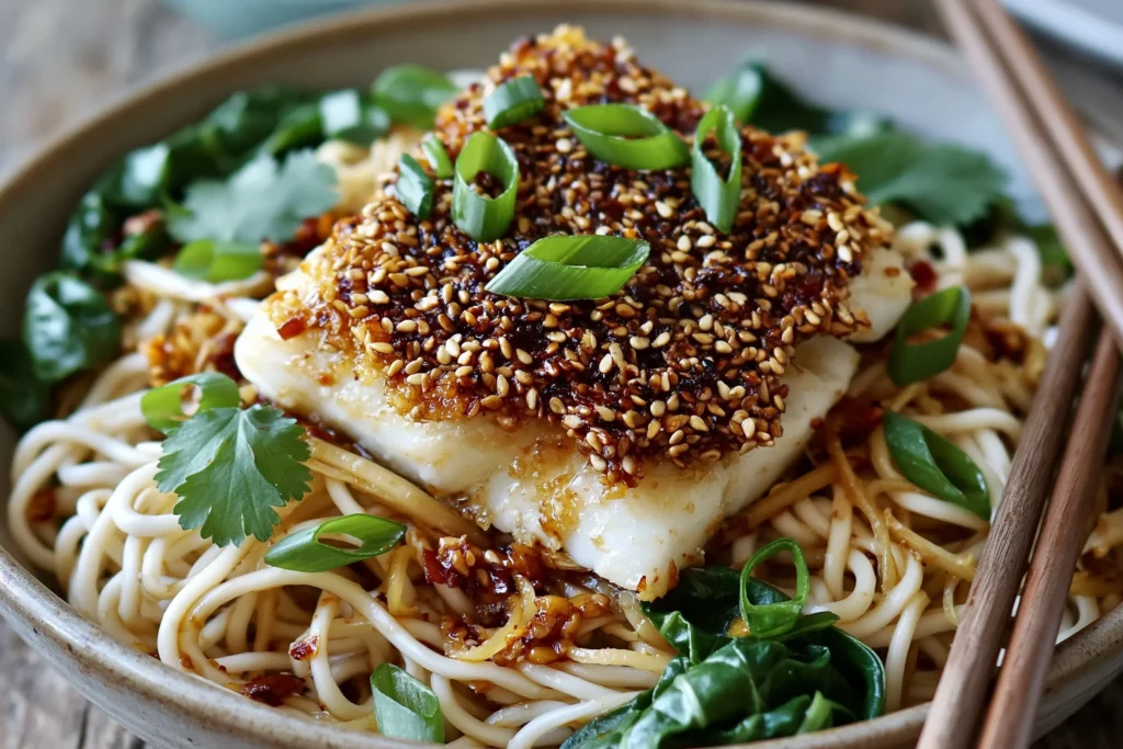 Crusted Cod with Aromatic Ginger Noodles topped with sesame seeds, scallions, cilantro, spinach, and chili oil in a noodle bowl