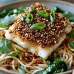 Crusted Cod with Aromatic Ginger Noodles topped with sesame seeds, scallions, cilantro, spinach, and chili oil in a noodle bowl