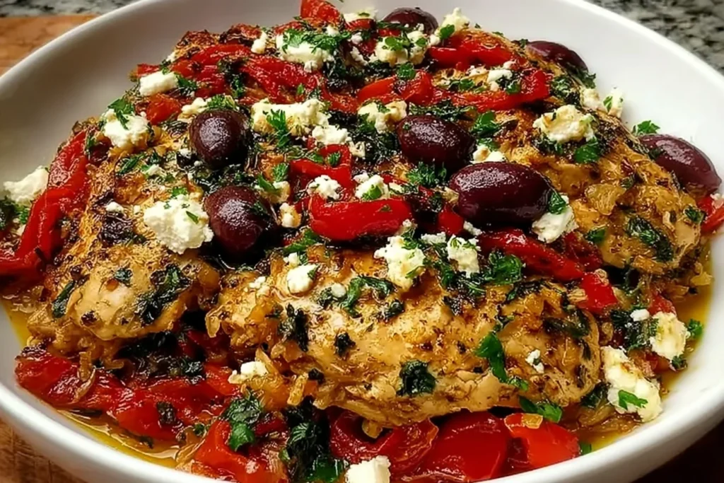 Greek Chicken Casserole with feta, kalamata olives, roasted red peppers, and herbs baked until golden in a white casserole dish.