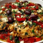Greek Chicken Casserole with feta, kalamata olives, roasted red peppers, and herbs baked until golden in a white casserole dish.