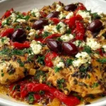 Greek Chicken Casserole topped with feta, kalamata olives, roasted red peppers, and fresh herbs in a white baking dish.