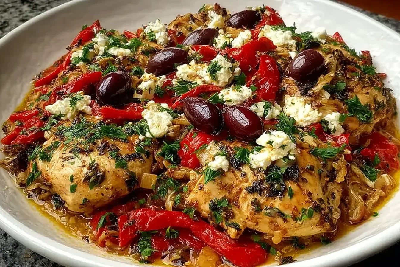 Greek Chicken Casserole topped with feta, kalamata olives, roasted red peppers, and fresh herbs in a white baking dish.