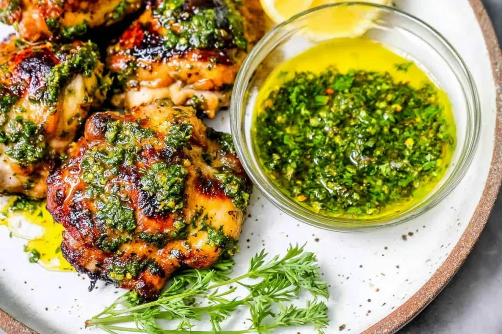 Chimichurri Chicken Thighs grilled until juicy, topped with fresh herb chimichurri, served with a bowl of green sauce and lemon slices.