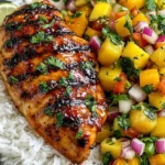 Honey Lime Chicken with Mango Salsa served with fluffy white rice, grilled honey-glazed chicken, fresh mango salsa, cilantro, red onion, jalapeño, and lime wedges.