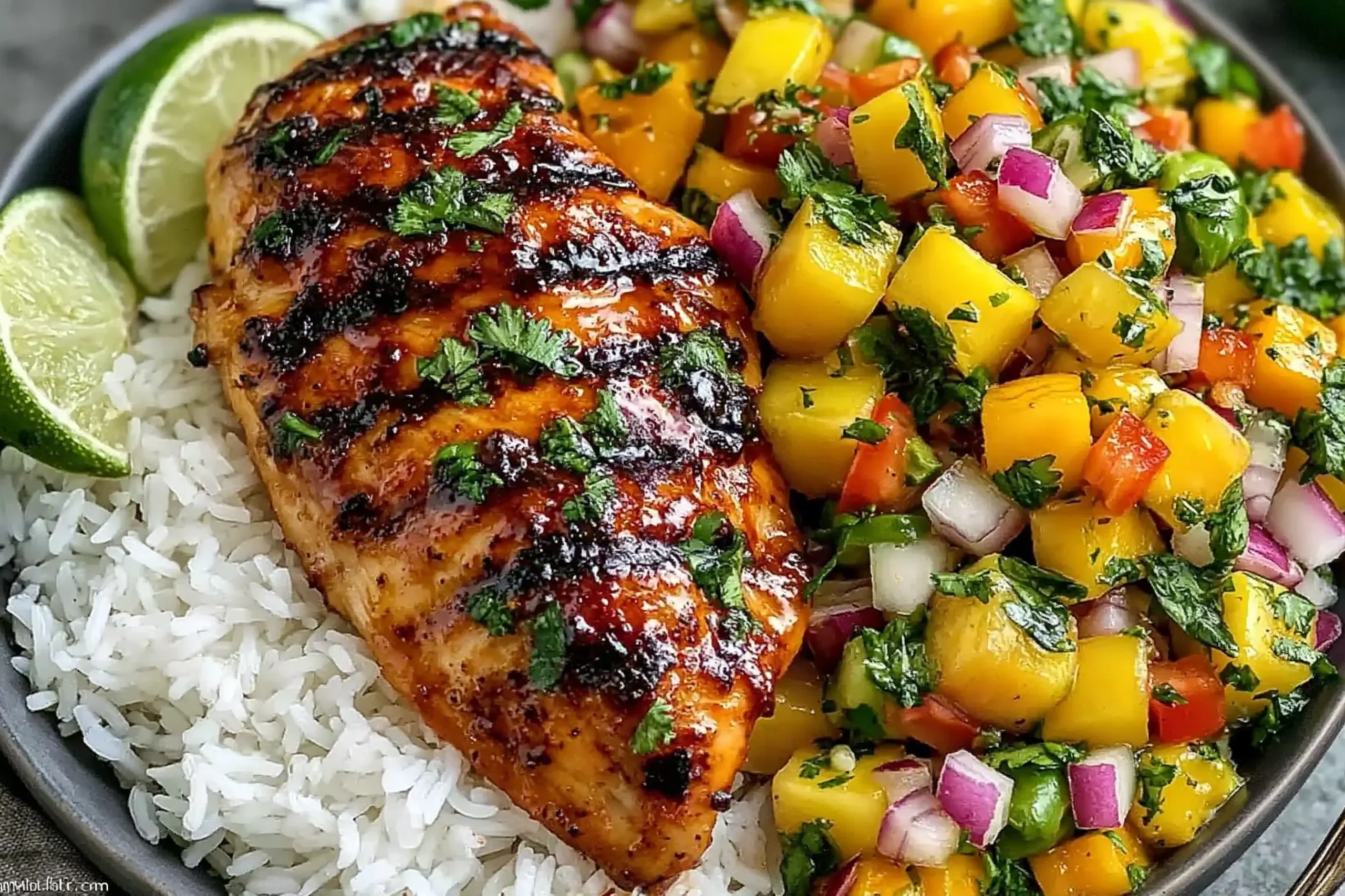 Honey Lime Chicken with Mango Salsa served with fluffy white rice, grilled honey-glazed chicken, fresh mango salsa, cilantro, red onion, jalapeño, and lime wedges.