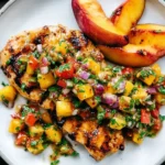 Peach Salsa Chicken topped with fresh peach salsa on a grilled chicken breast, served with grilled peach slices and cilantro.