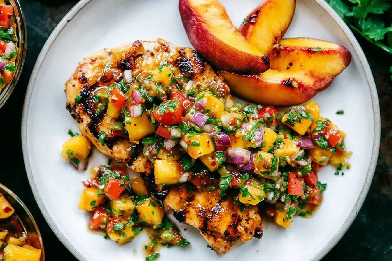 Peach Salsa Chicken topped with fresh peach salsa on a grilled chicken breast, served with grilled peach slices and cilantro.