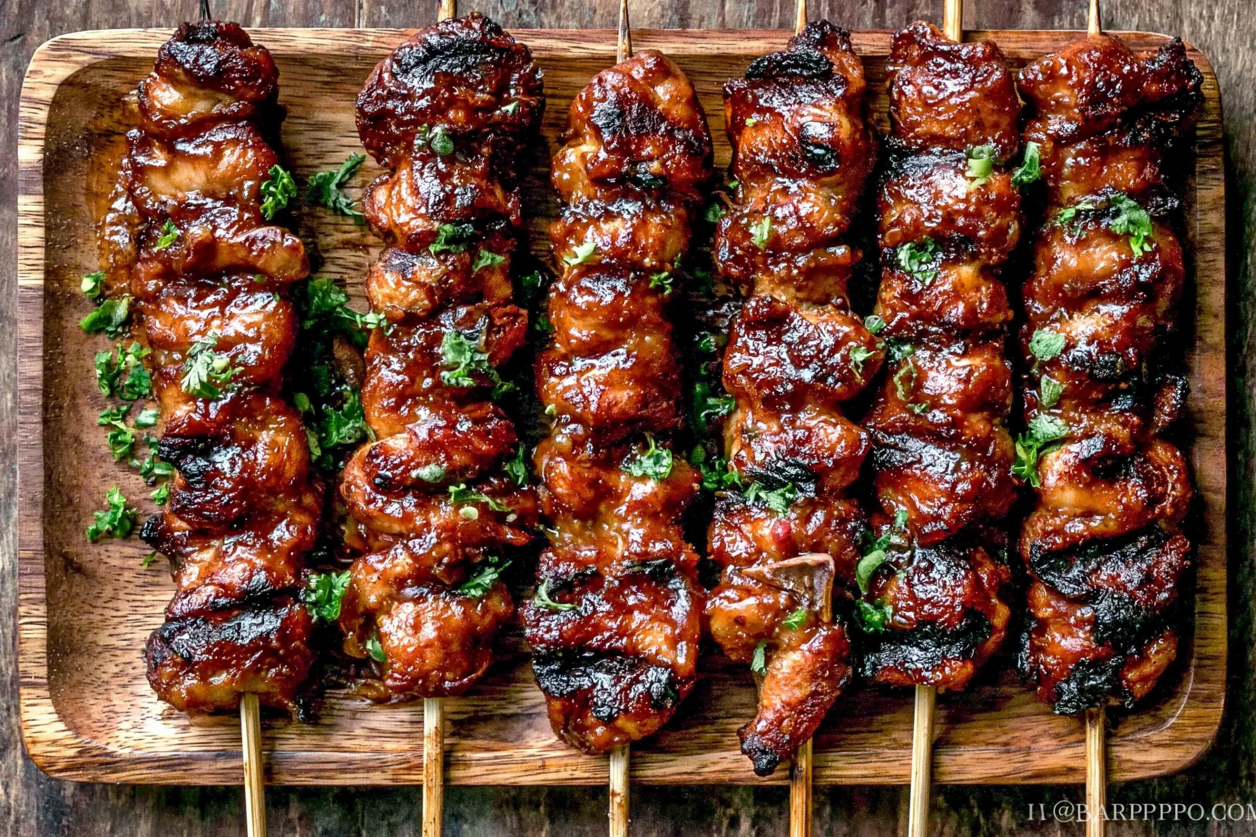 Grilled Thai Coconut Chicken Skewers with sticky coconut glaze, charred edges, and fresh herbs on a wooden platter