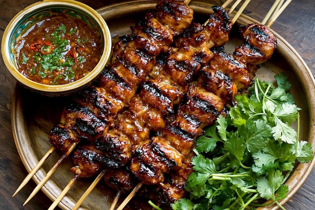 Grilled Thai Coconut Chicken Skewers with caramelized coconut glaze, peanut dipping sauce, and fresh cilantro on a serving plate