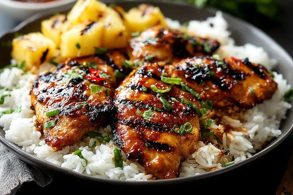 Hawaiian Chicken & Coconut Rice bowl with glazed grilled chicken thighs, caramelized pineapple chunks, fluffy jasmine rice, and fresh herbs.