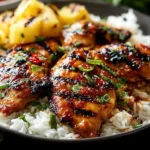 Hawaiian Chicken & Coconut Rice bowl with glazed grilled chicken thighs, caramelized pineapple chunks, fluffy jasmine rice, and fresh herbs.