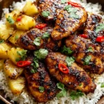 Hawaiian Chicken & Coconut Rice in a wooden bowl with sticky pineapple-glazed chicken, juicy pineapple chunks, fluffy rice, cilantro, and sliced red chili.