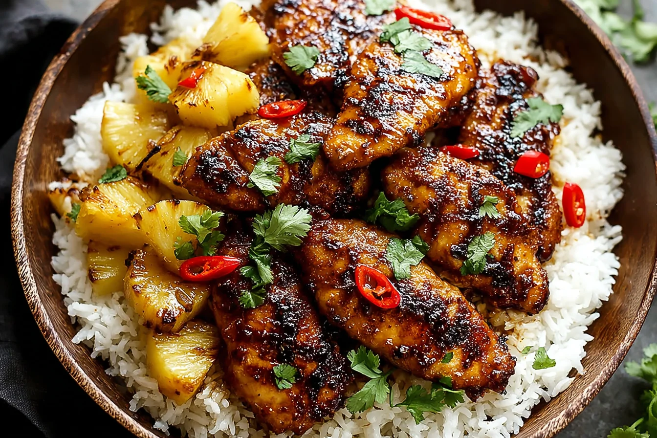 Hawaiian Chicken & Coconut Rice in a wooden bowl with sticky pineapple-glazed chicken, juicy pineapple chunks, fluffy rice, cilantro, and sliced red chili.