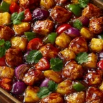 Hawaiian Chicken Sheet Pan with glazed chicken bites, pineapple chunks, bell peppers, red onion, and fresh herbs on a baking pan