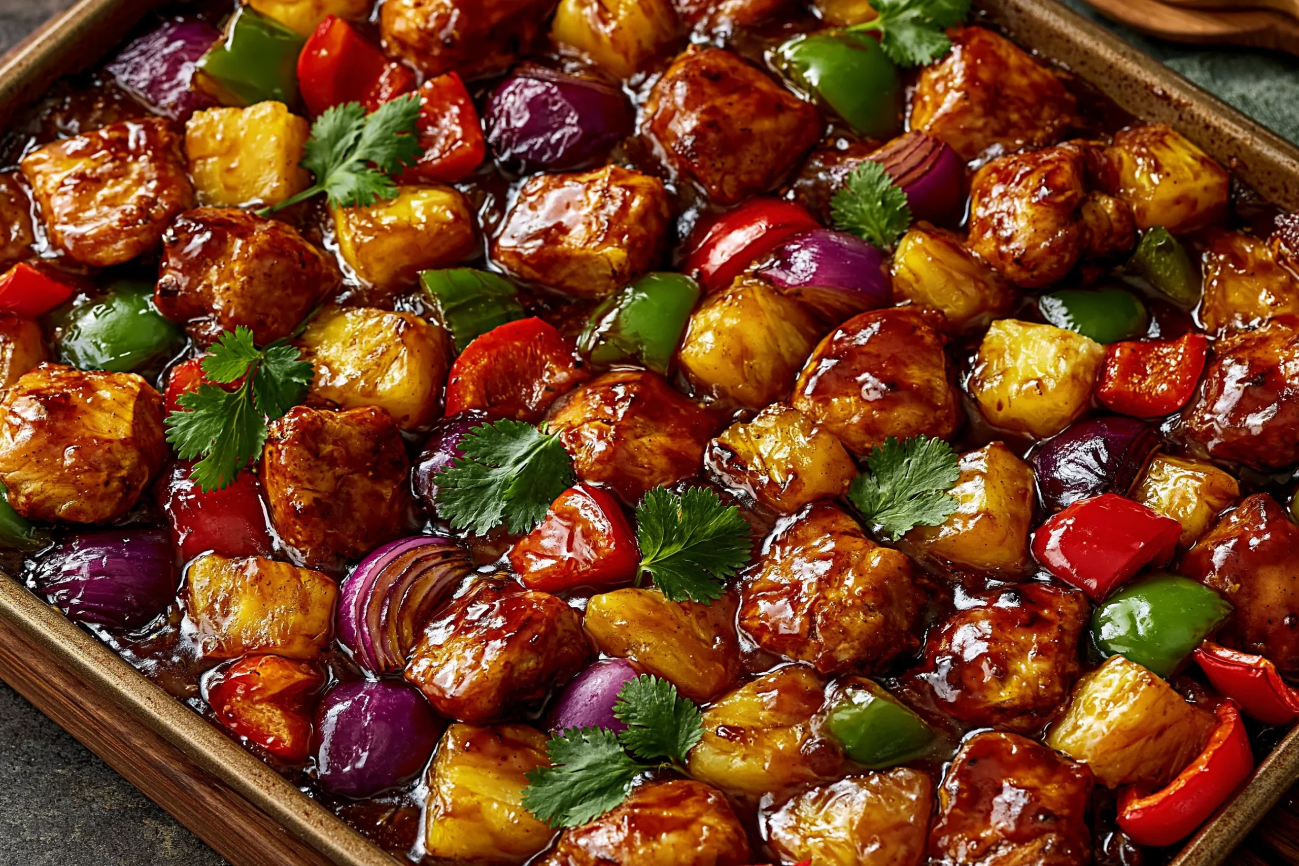 Hawaiian Chicken Sheet Pan with glazed chicken bites, pineapple chunks, bell peppers, red onion, and fresh herbs on a baking pan