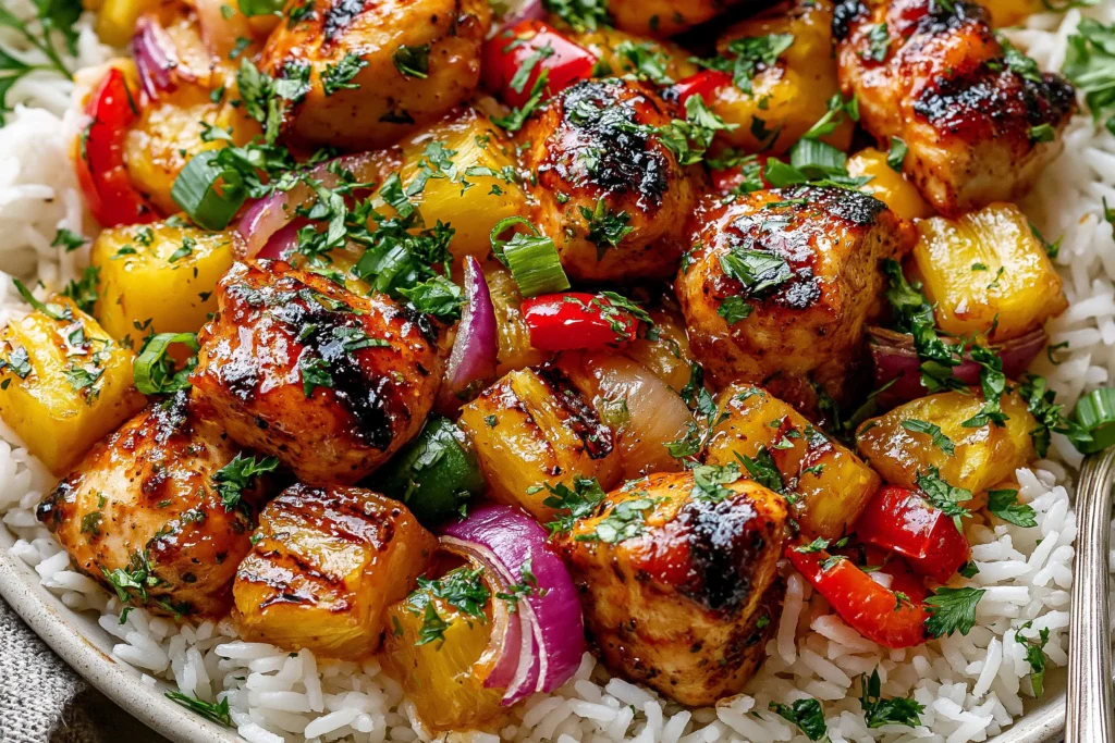 Hawaiian Chicken Sheet Pan served over fluffy white rice with glazed chicken, pineapple, bell peppers, red onion, and fresh green onions