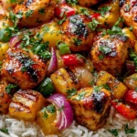 Hawaiian Chicken Sheet Pan served over fluffy white rice with glazed chicken, pineapple, bell peppers, red onion, and fresh green onions