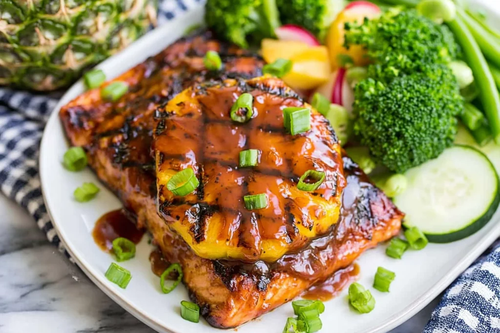 Hawaiian Grilled Salmon with grilled pineapple, sticky brown sugar glaze, scallions, broccoli, cucumber, and fresh pineapple on a plate