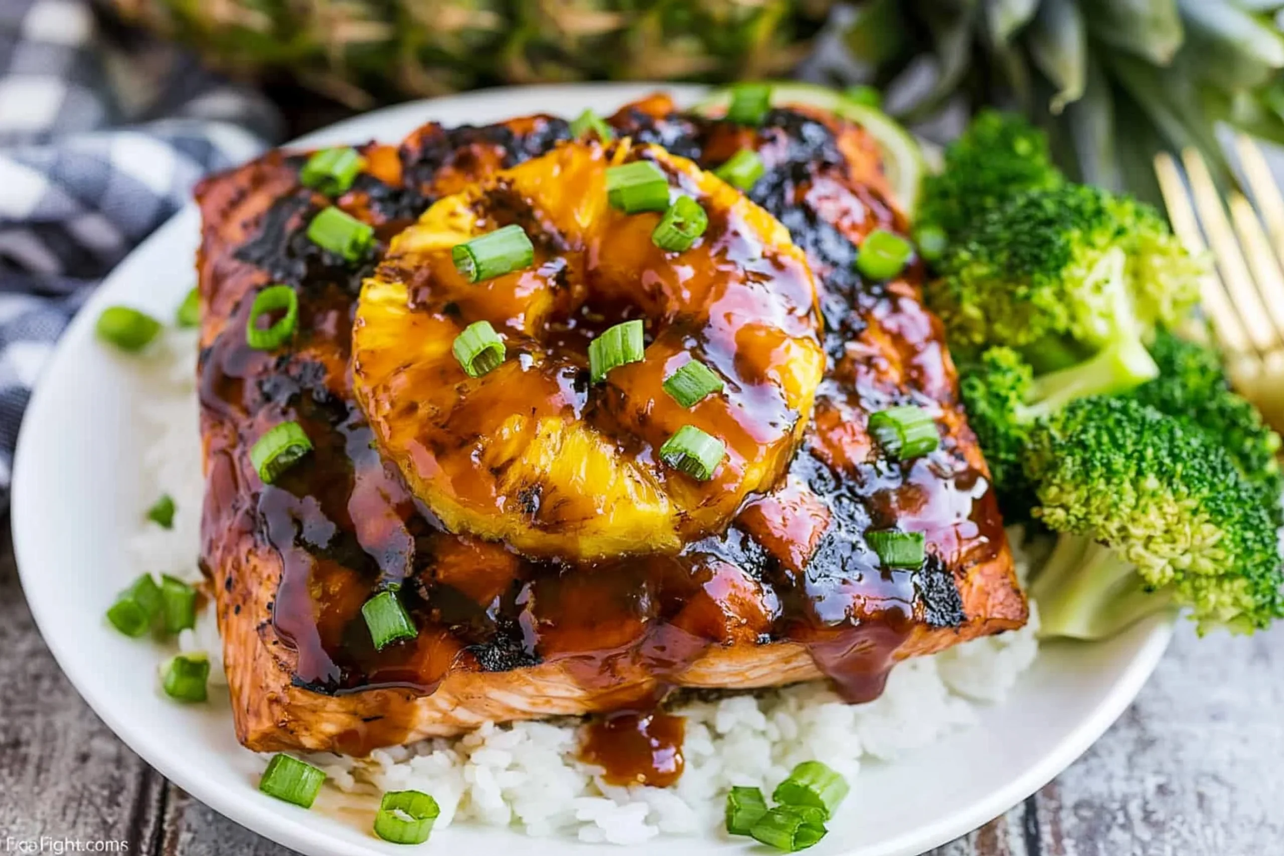 Hawaiian Grilled Salmon topped with grilled pineapple, glossy teriyaki-style glaze, scallions, rice, and broccoli on a white plate