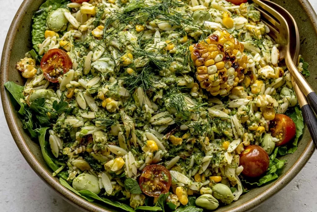Grilled Corn Orzo Salad with Scallion Dill Dressing topped with fresh dill, charred corn, edamame, cherry tomatoes, and leafy greens.